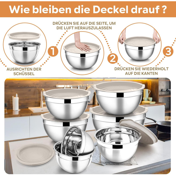 Набір мисок HaWare 7 шт. з нержавіючої сталі з кришками, 6.5/4.5/3/2.5/1.5/1.2/0.7L, для приготування, випікання, салатів, миття в посудомийній машині, Khaki/Нержавіюча сталь