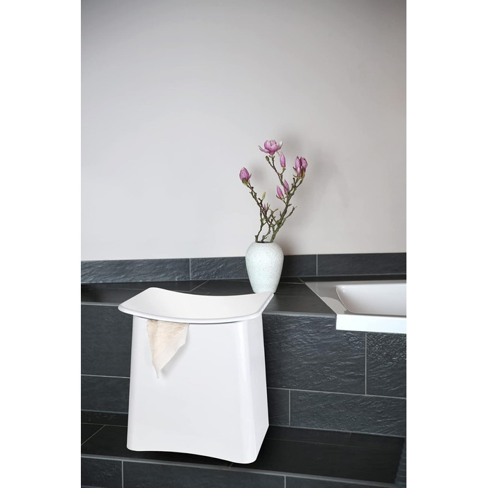 WENKO 2в1 пуф-кошик Wing Білий - для збору білизни, табурет для ванної кімнати з винімним мішком для білизни, об'єм 33 л, пластик (ABS), 45 x 48 x 33 см, білий