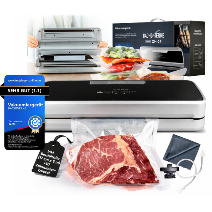 Вакууматор для продуктів BACHWERKE з рулоном та 10 пакетами, ширина шва 32 см, вакуумна машина для зберігання їжі, срібляста