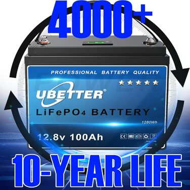 Літієва батарея UBETTER LiFePO4 100Ah Mini 12V, 4000 циклів, 10 років, 1280 Втгод, для автофургону, поза мережею