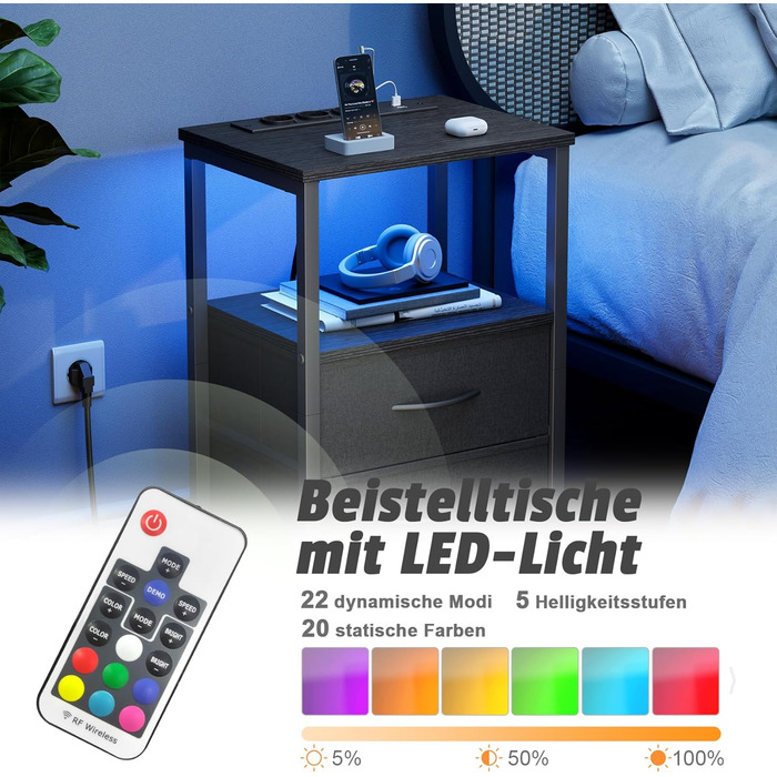 Нічний столик з LED-підсвіткою та функцією зарядки, з ящиком, 3 розетки AC та USB, для вітальні та спальні (40T x 30B x 60H cm, Чорний, 2 шт.)