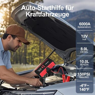 Портативний акумулятор для запуску авто 7000A з компресором 150PSI, 12V, 8L бензин/10L дизель, з прикурювачем та LED ліхтариком