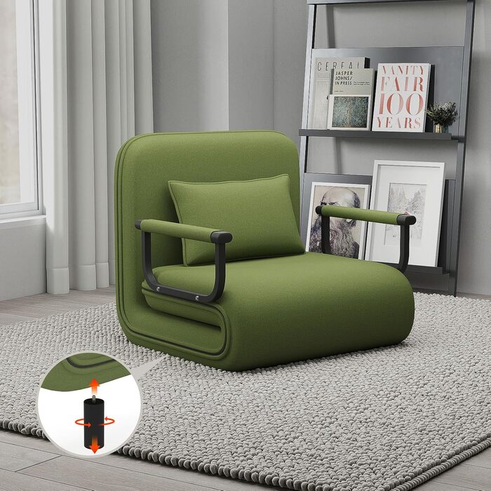 Крісло-ліжко Fabulcozy для дорослих, 4-в-1, сіре (зелене), 60x68x85 см. З металевим каркасом, з подушкою та підлокітниками. Великий комфорт.