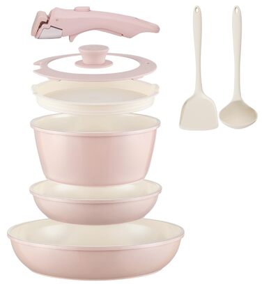 Набір каструль та сковорідок 23 частини з антипригарним покриттям. Підходить для всіх типів плит, духовка, без PFAS, PTFE, PFOA. Кремово-білий (8 предметів рожевий)