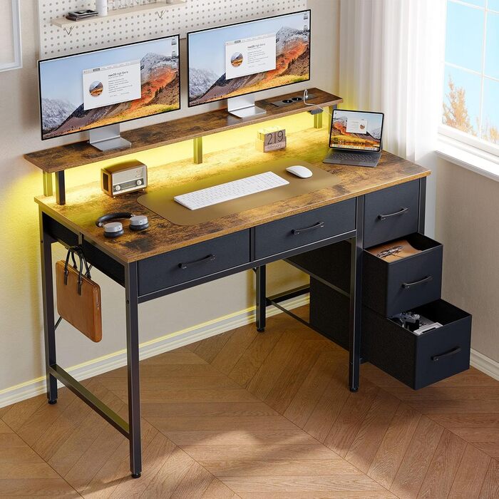 Комп'ютерний стіл Seventable з розетками та LED-підсвіткою, 100 см, геймінговий стіл з 5 висувними ящиками та підставкою для монітора, для офісу, кабінету, спальні, вітальні (Вінтажний коричневий)