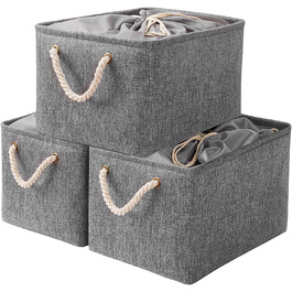 Коробка для зберігання Yawinhe з 3 комплектів з кришкою, 42 x 32 x 26 см, тканинні складні коробки з кришкою на шнурку і 2 ручками, тканинна коробка, кубики, SNK003WGL (37X26X20 см / 3 упаковки, сірий)
