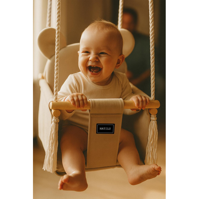 Дитяча гойдалка для дому та вулиці | Bär Light Beige Velvet | Гойдалка для малюків | Дерев'яна гойдалка для дітей | Гойдалка для дверного отвору