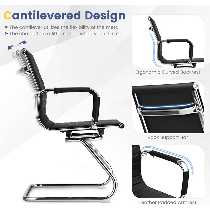 Крісла-гойдалки GIANTEX 2 шт., ергономічні конференц-крісла для гостей з підлокітниками, міцний металевий каркас до 120 кг, сучасні крісла з штучної шкіри, чорні