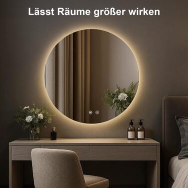 LED дзеркало для ванної кімнати з підсвічуванням, кругле, диммер, 3 кольори світла (3500K-6500K), сенсорне керування, протизапотівання, 80 см, для макіяжу та гоління