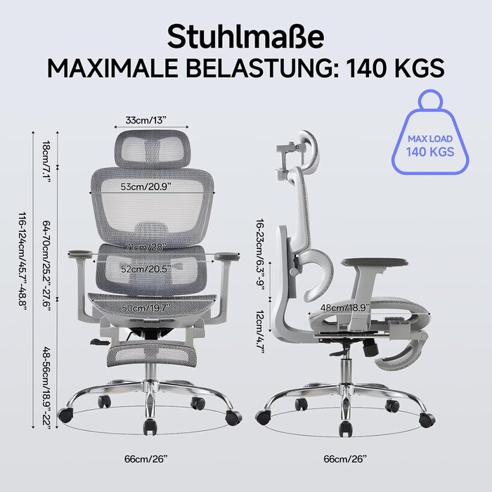 Ергономічне крісло для офісу з підніжкою та подушкою для шиї, 5-рівнева регульована спинка, 2D підтримка попереку, 3D підлокітники/підголівник, функція нахилу 145°, сітчасте сидіння, гумові колеса (Сірий, Lite)