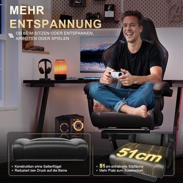 Ігровий стілець, офісний стілець з підставкою для ніг, ергономічний стілець, регульована спинка 90-135°, вантажопідйомність 150 кг, чорний