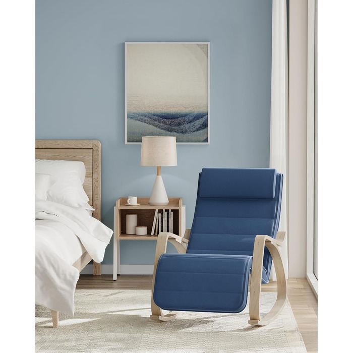 Крісло-гойдалка SONGMICS з підлокітниками з натурального дерева, 5-позиційне регулювання підніжки, до 150 кг, для спальні/вітальні, темно-натуральний колір, бавовна/поліестер