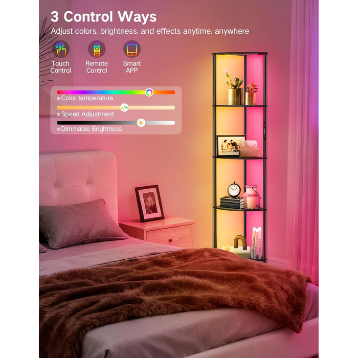 LED торшер з полицею, 3 режими світла, димування сенсором та пультом, кутова полиця з 5 рівнями, вузька книжкова шафа для вітальні, спальні, офісу (Чорний з RGB)
