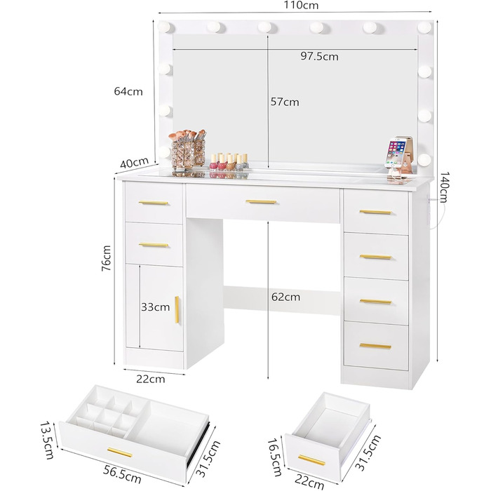 Великий туалетний столик ANWBROAD з регульованою LED-підсвіткою 3 кольорів та розеткою. Сучасний туалетний столик з дзеркалом, 7 ящиків, білий, 140x110x40 см. Модель BDT83W