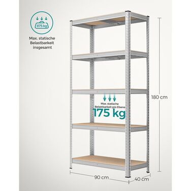 Стелаж для зберігання з 5 регульованими полицями - чорний / 40 x 90 x 180 см / 1