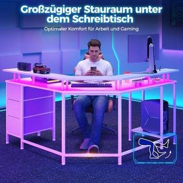 Ігровий кутовий стіл Seventable L-подібної форми з LED підсвіткою, розетками та 3 текстильними висувними ящиками, білий, 135x135x88 см