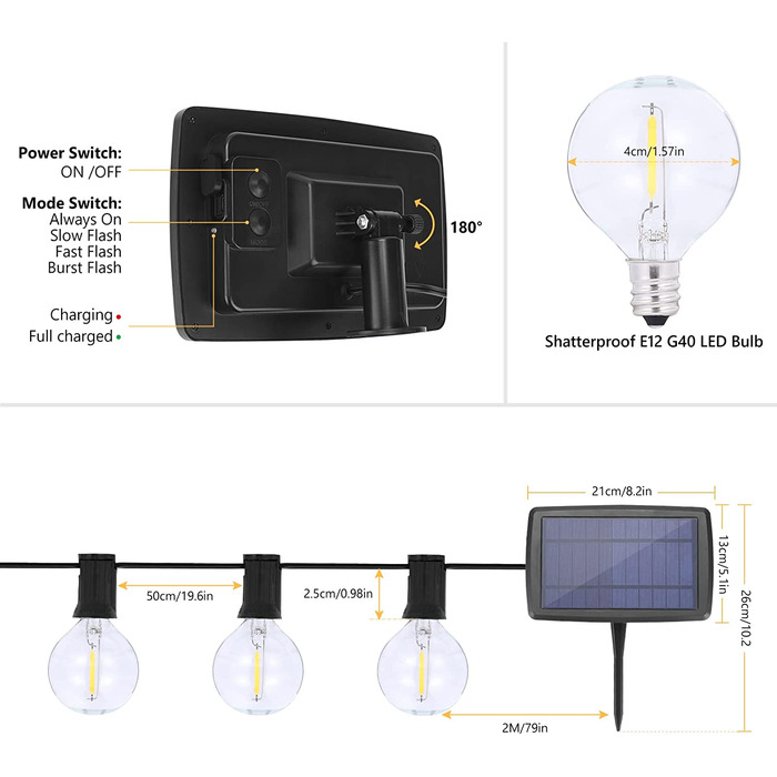 Сонячна гірлянда світла зовні, DeepDream 14M G40 лампа рядок світла зовні з 25 2 лампами, 4 режими освітлення IP65 водонепроникний зовнішній