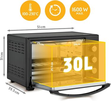 Міні-піч TZS First Austria 30L з регулюванням температури та грилем, 1600W - для кухні та кемпінгу