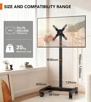 Підставка для телевізора Hemudu на колесах 23-60 дюймів, VESA 400x400, до 35 кг, регульована висота