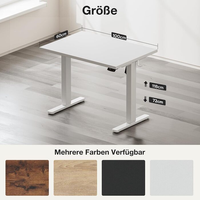 Регульований стіл 120x60 см, електричний з функцією пам'яті, столик для комп'ютера - стоячи/сидячи. Керування кабелями & гачки, регульований підйомний стіл для офісу та дому – білий