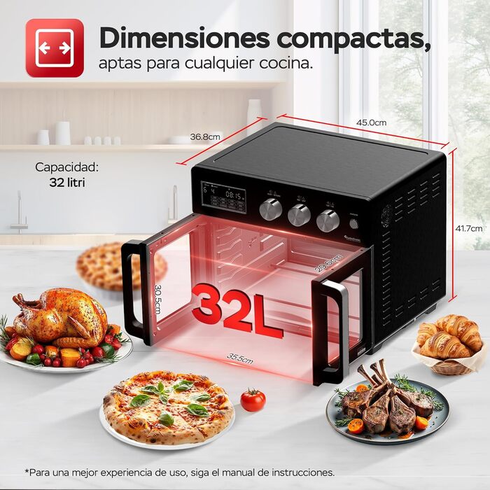 TurboTronic Міні-піч 4в1: конвекційна піч, фритюрниця, дегідратор, гриль. Об'єм 32л, з поворотним шампуром та аксесуарами. Чорний колір.