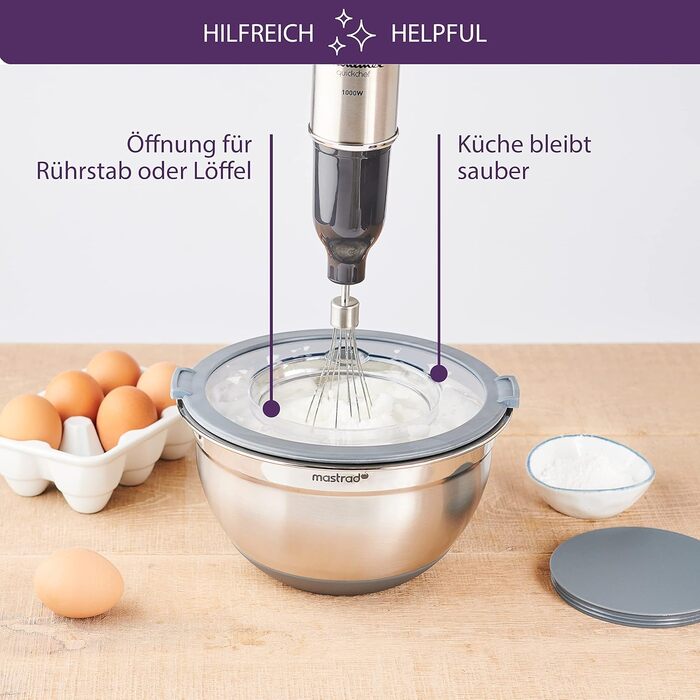 Миска Mastrad з нержавіючої сталі з прозорим кришкою та ручками - 3L, для змішування, випічки, приготування та зберігання продуктів, придатна для миття в посудомийній машині