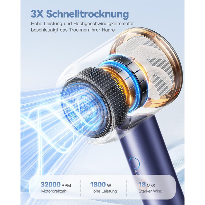 Іонний фен для волосся DEWILY 1800W з дифузором для кучерявого волосся, 3 температурні режими, 2 швидкості, компактний дорожній фен (блакитний)