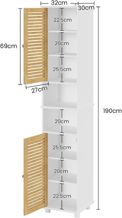 Висока шафа для ванної кімнати з 2 відкритими відділеннями, регульованими полицями та бамбуковими дверцятами, 32x30x190 см