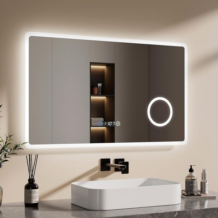 EMKE® Дзеркало для ванної кімнати LED 80x60 см з підсвічуванням, 3 кольори світла, годинник, захист від запотівання, IP44
