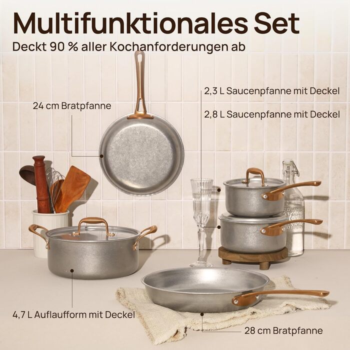 Набір каструль KOKHUB 8 шт. з нержавіючої сталі для індукційних плит, вінтажний набір каструль та сковорідок без покриття, PFOA/PFAS/PTFE-free, набір каструль з кришками для всіх типів плит, безпечний для духовки та мийки