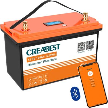 Акумулятор 12 В 200 Ач CREABEST LiFePO4, BMS Bluetooth, вихід 2560 Вт, чудово підходить для автофургонів, сонячної системи, автономного режиму