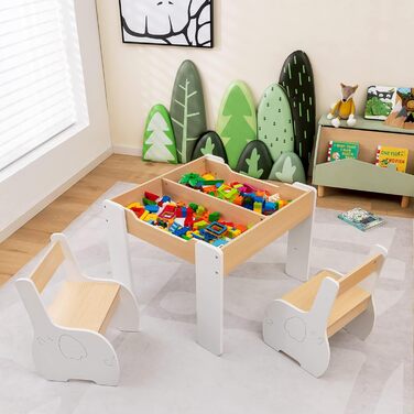 Дерев'яний дитячий стіл з 2 стільцями DREAMADE, 3 шт. Дитяча меблева група з двостороннім столом та місцем для зберігання, набір меблів для дітей, для хлопчиків та дівчаток (білий)