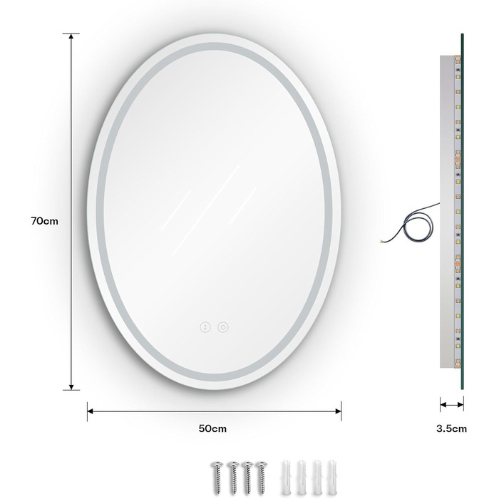 Дзеркало для ванної кімнати Dripex з підсвічуванням LED, сенсорне керування, регулювання яскравості, 3 кольори світла, антизапарник, овальне, 50 x 70 см