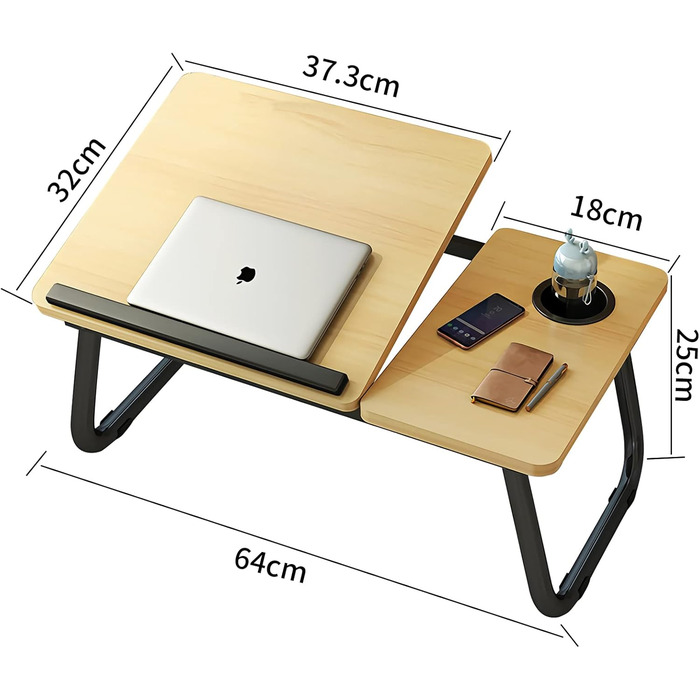 Столик для ноутбука та ліжка з регульованими ніжками та тримачем для чашки, підставка для ноутбука, піднос для сніданку, столик для читання на диван, ліжко, терасу, балкон (Білий, Горіх)