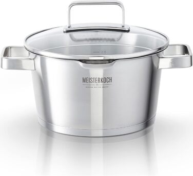 Каструля Meisterkoch з нержавіючої сталі 16 см Ø | з виливом, внутрішньою шкалою та ізольованою ручкою | 1 скляна кришка з дрібним та великим ситом | Кухонне приладдя, нержавіюча сталь, індукційне дно (20 см)