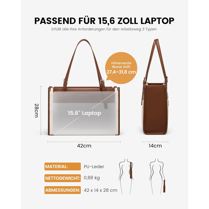 LOVEVOOK Сумка для ноутбука, жіноча велика водонепроникна сумка-шоппер, ділова сумка-акселуар, з PU шкіри, 15.6 дюймів (Коричневий+бежевий)