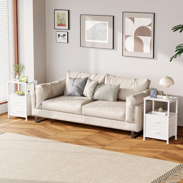 Нічний столик з LED-підсвіткою та функцією зарядки, з шухлядою, 3 розетки AC та USB, для вітальні та спальні (40T x 30B x 60H cm, Білий, 2 шт.)