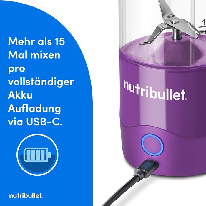 Ручний блендер nutribullet, 475 мл без бісфенолу А, портативний багатофункціональний блендер, USB-C, фіолетовий, NBP003PU