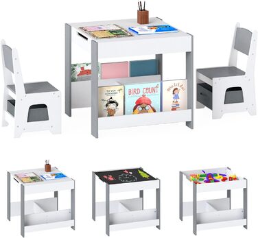 Дитячий стіл COSTWAY з 2 стільцями: дерев'яний набір 4-в-1 з полицями та ящиками для зберігання (від 3 років)