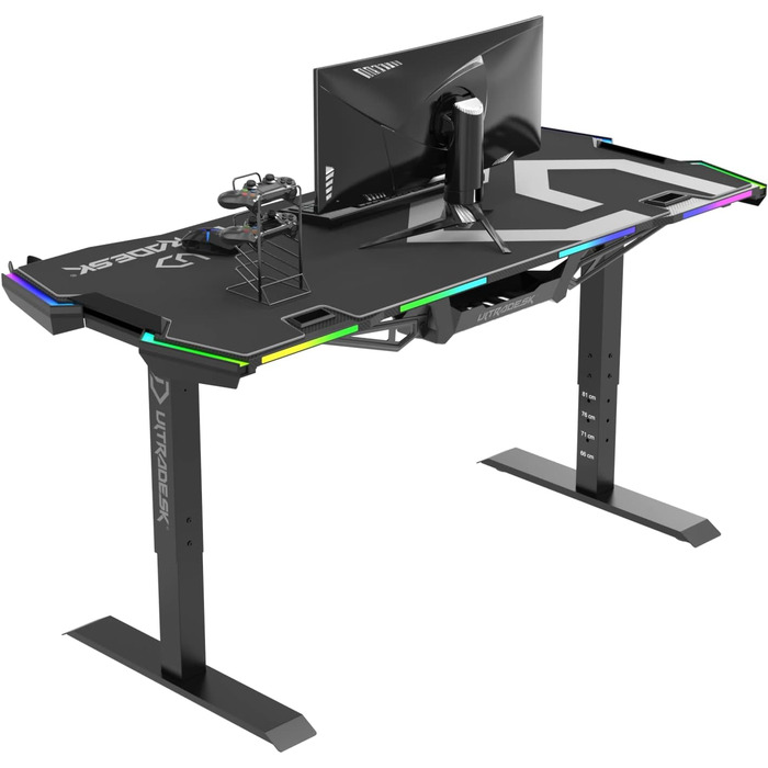 Ігровий стіл ULTRADESK Force , регульований по висоті, подушка XXL, 2 кабельні розетки, поличка для подовжувачів, світлодіодне RGB-підсвічування, сталева рама, сірий, 166x70 см