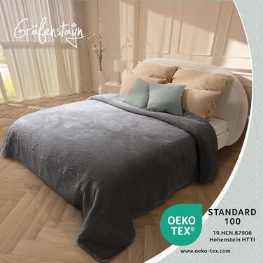 Преміум ковдра-плед Grafensteyn 200x220 см – м'яка, безшовна стежка, дизайн листя, велюрова тканина – для ліжка та дивану (антрацитовий)