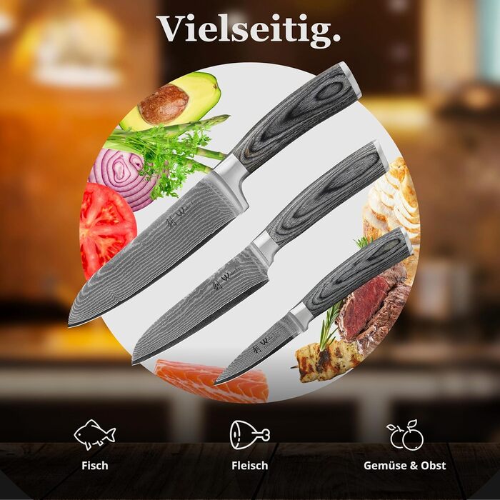 Набір кухонних ножів Wakoli Edis Damast: Сантоку великий та малий, ніж для овочів, універсальний ніж з 67 шарів дамаської сталі (серцевина VG10), ручка з паккавуда, в дерев'яній коробці