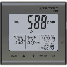 Вимірювач CO2 Trotec BZ30 – монітор якості повітря, вологості та температури, діапазон вимірювання 0-9999 PPM, похибка ±75 PPM + 5%, даталогер на 50 000 вимірювань