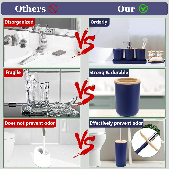 Набір аксесуарів для ванної кімнати SLDIYWOW 9 шт. (Морська блакить): Мülleimer, лоток, дозатор мила, тримач для зубних щіток, стаканчик для щіток, мильниця, WC-щітка, тримач для ватних паличок