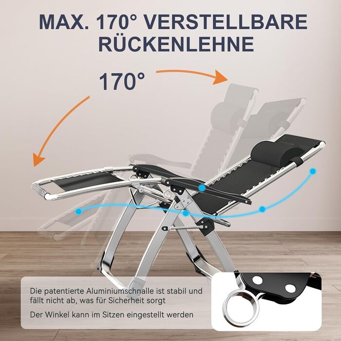 Лежак для відпочинку MOPHOTO Zero Gravity, розкладний, 200 кг, з подушкою та кишенею, для саду, балкону, тераси (Блакитний)