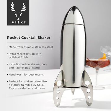 Шейкер для коктейлів Viski Rocket з фільтром - набір для приготування холодного кофе, маргарити, еспресо, мартини. Нержавіюча сталь, аксесуари для домашнього бару, подарунок, срібний колір