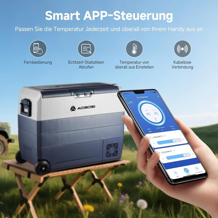 Автомобільний компресорний холодильник AAOBOSI 50л з Wi-Fi, 12/24V та 220V, охолодження до -20°C для авто, вантажівок, кемпінгу, з двома зонами