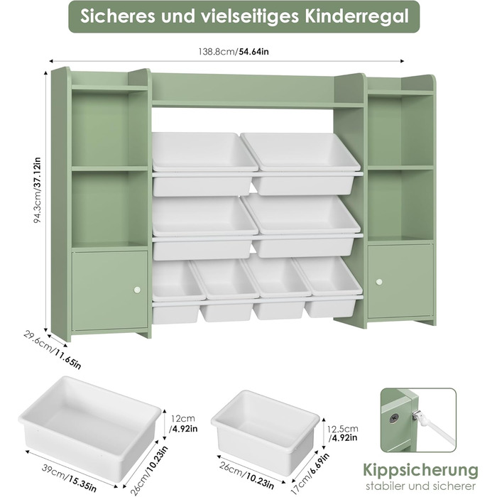 FOREHILL Регульована полиця для іграшок з 8 ящиками, дитячий шафка, книжкова полиця для дітей, меблі для дитячої кімнати з ящиком для іграшок, 138,8 x 94,3 x 29,6 см, білий (зелений)
