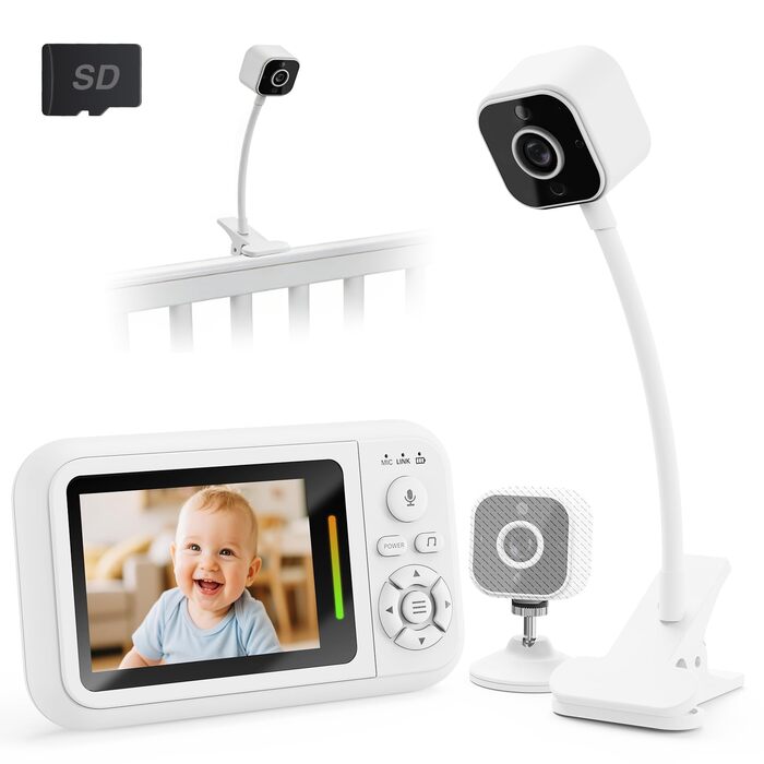 Відеоняня з камерою 1080P без Wi-Fi: монітор, тримач, кліпса для ліжечка, двосторонній звук, датчик температури, виявлення плачу, нічне бачення, 8 колискових, запис фото/відео, SD-карта в комплекті (біла)