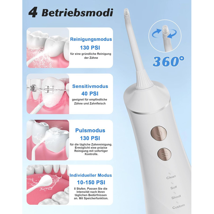 Електрична насадка для душу Munddusche: 5 струменів, 4 режими, для догляду за порожниною рота, водонепроникність IPX7, для дому та подорожей